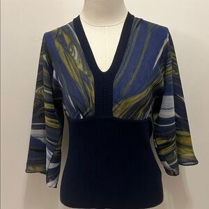 Anne Klein Navy Boho V Neck Bell Sleeve Knit Top Women’s Size Petite Small